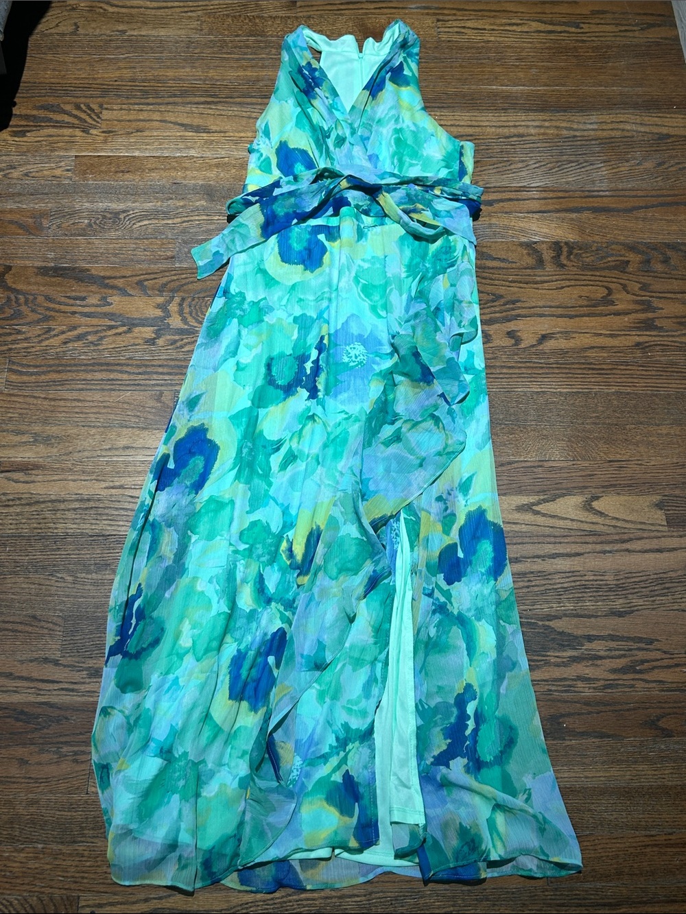 London Times Aqua Teal Blue Floral Maxi Dress